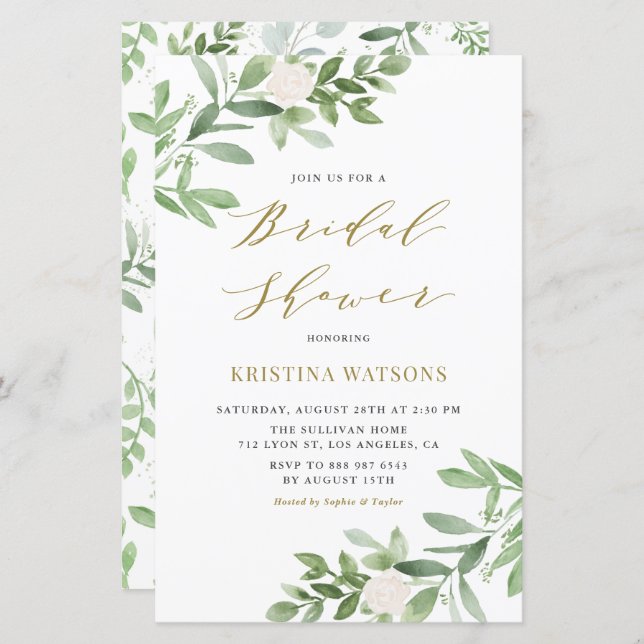 White Flower and Greenery Bridal Shower Invitation (Front/Back)