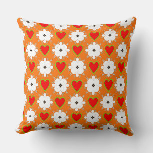 White Flower and Red Heart on Dark Orange Cushion