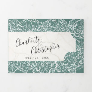white flower aqua cyan tri-fold all in one wedding invitation