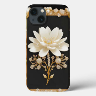 White Flower Artwork with Luxurious Gold iPhone 13 Case