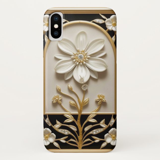 White Flower Artwork with Luxurious Gold Case-Mate iPhone Case (Back)
