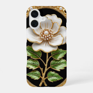 White Flower Artwork with Luxurious Gold iPhone 16 Case