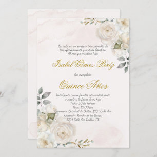 White flower beige Quince invitation in Spanish