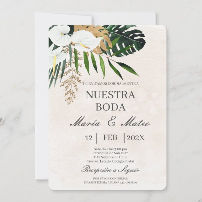 White flower beige Spanish Wedding Invitation (Front)