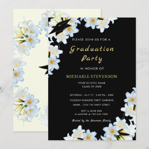 White Flower Black Graduation Invitation Gold Text
