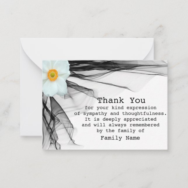 White Flower Black Ribbon After Funeral Thank You Card (Front)
