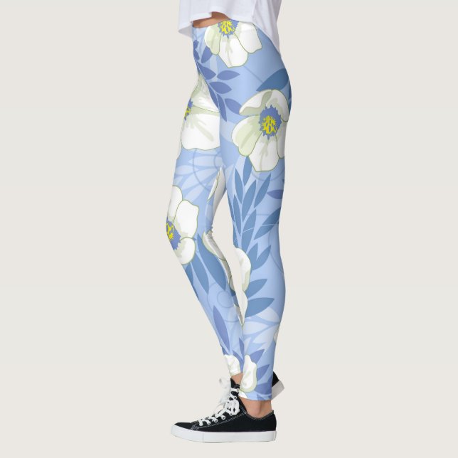 White Flower Blue Background Floral Leaves Pattern Leggings (Left)