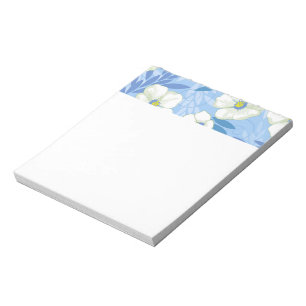 White Flower Blue Background Floral Leaves Pattern Notepad