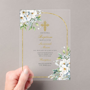 White flower bouquet Baptism Acrylic Invitations