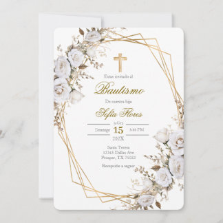 White flower bouquet Baptism in Spanish Invitation