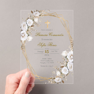 White flower bouquet first communion in Spanish Acrylic Invitations