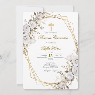 White flower bouquet first communion in Spanish Invitation