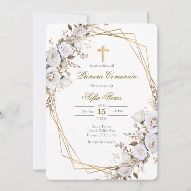 White flower bouquet first communion in Spanish Invitation (Front)