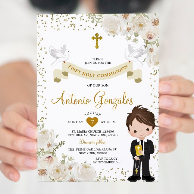 White Flower Boy First Holy Communion Gold Glitter Invitation (Creator Uploaded)