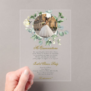 White flower dress Quinceanera with picture  Acrylic Invitations