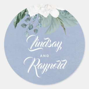 White Flower Dusty Blue Wedding Classic Round Sticker