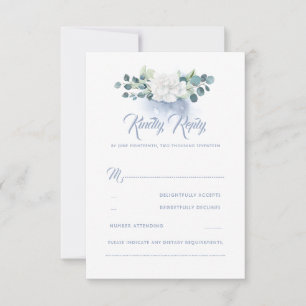 White Flower Dusty Blue Wedding RSVP Card