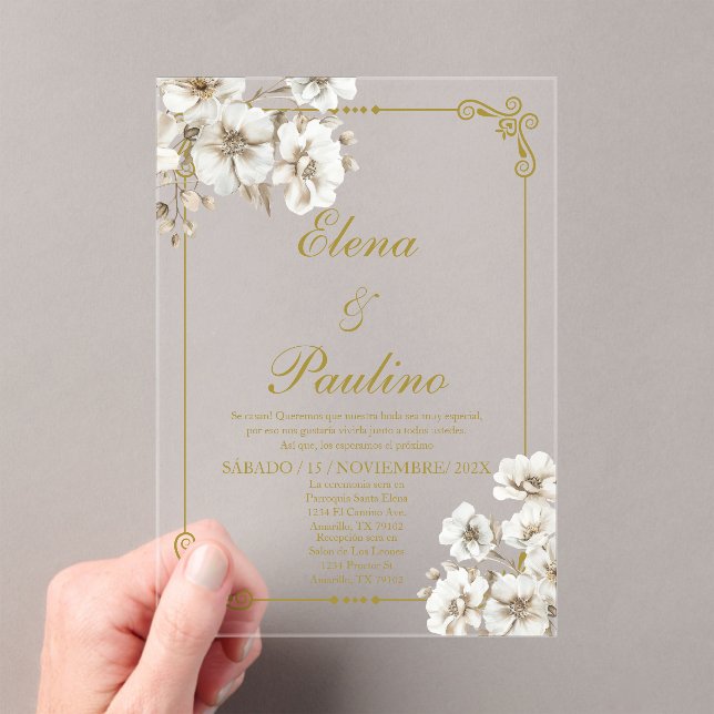 White flower Elegant Wedding Invitation in Spanish (Insitu (Handheld))