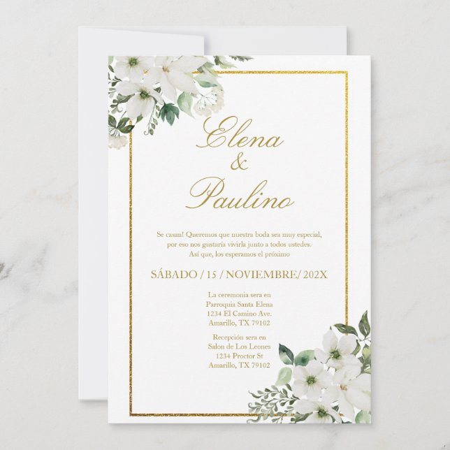 White flower Elegant Wedding Invitation in Spanish (Front)