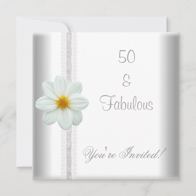 White Flower Fabulous 50th Birthday Party Lace Invitation (Front)