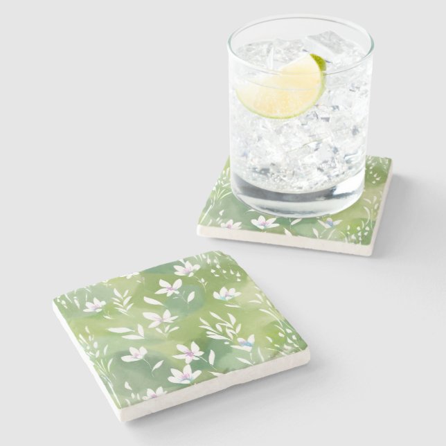 White Flower Fields | Elegant Spring Floral  Stone Coaster (Side)