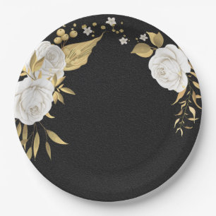 white flower gold leaves black paper plate