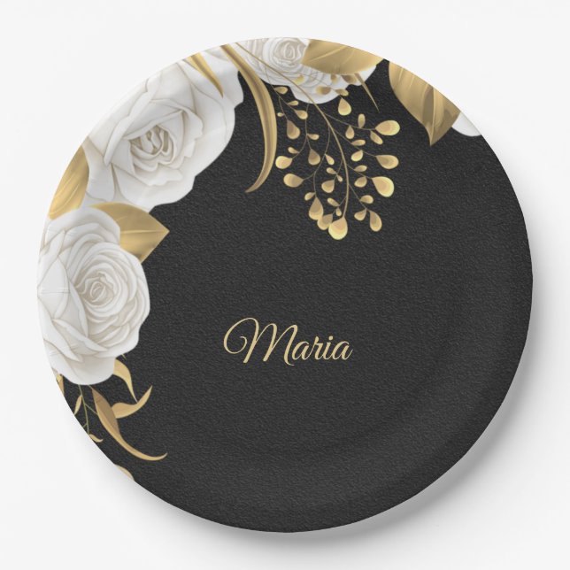 white flower gold leaves black  paper plate (Front)