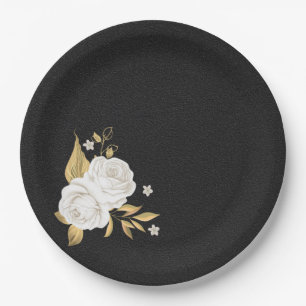 white flower gold leaves black paper plate