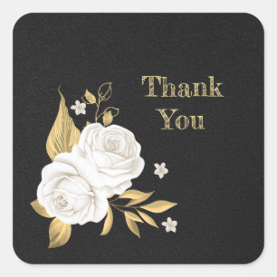white flower gold leaves black square sticker