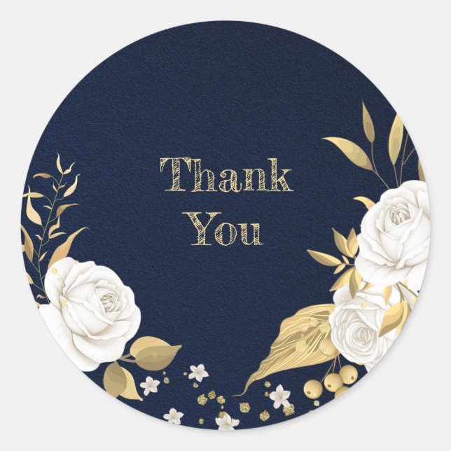 white flower gold leaves navy blue  classic round sticker (Front)
