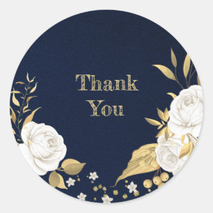 white flower gold leaves navy blue  classic round sticker