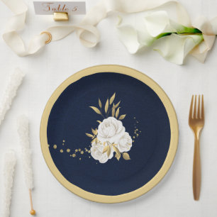 white flower gold leaves navy blue paper plate