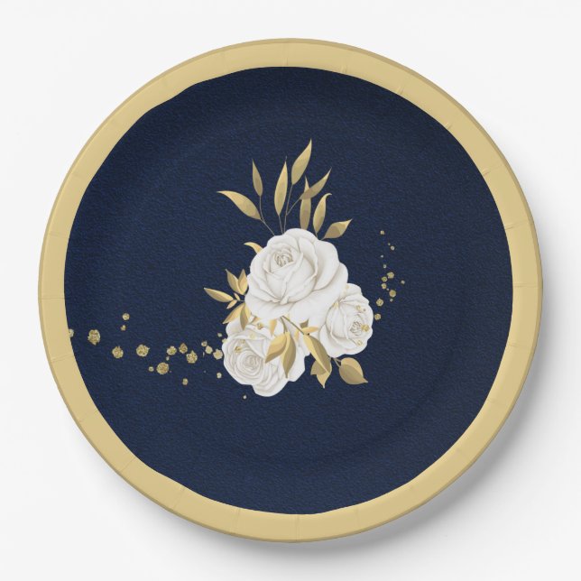 white flower gold leaves navy blue paper plate (Front)