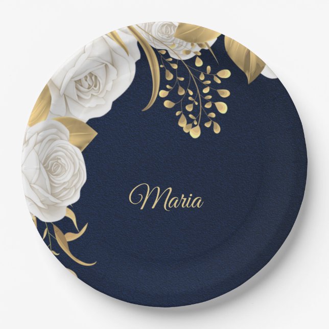 white flower gold leaves navy blue paper plate (Front)