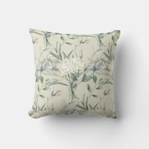White Flower Green & Grey Background Throw Pillow