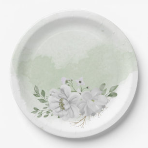 white flower green leaves sage green paper plate