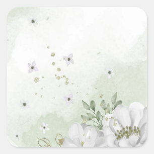 white flower green leaves square sticker