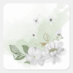 white flower green leaves square sticker