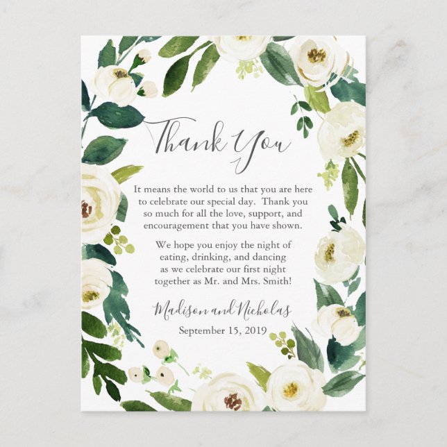 White Flower & Green Place Setting Thank You Card (Front)
