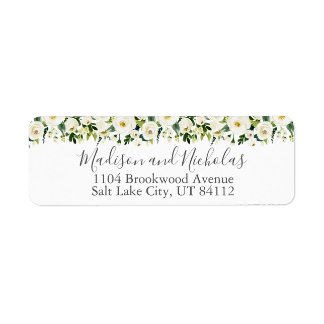 White Flower Green Wedding Return Address Label (Front)