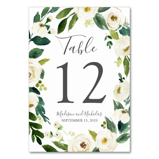 White Flower Green Wedding Table Number Cards (Front)