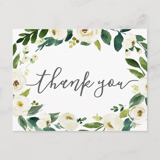 White Flower Green Wedding Thank You Postcards (Front)