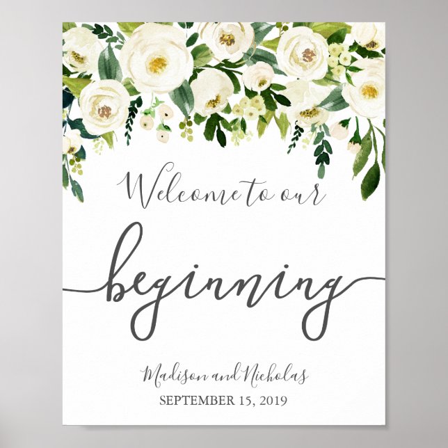 White Flower & Green Welcome to Our Beginning Sign (Front)