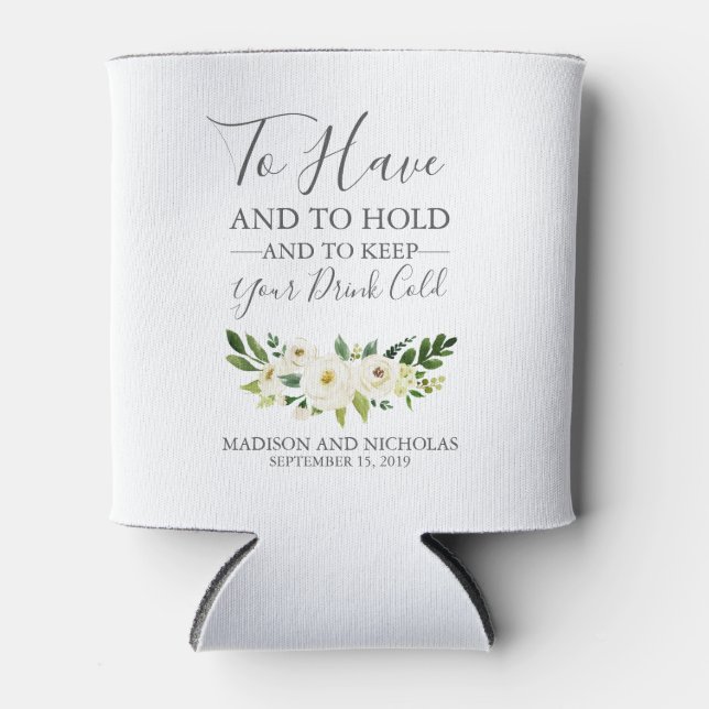 White Flower & Greenery Wedding Can Coolers (Front)