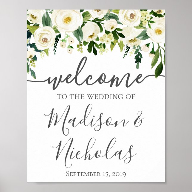 White Flower Greenery Wedding Welcome Sign Poster (Front)