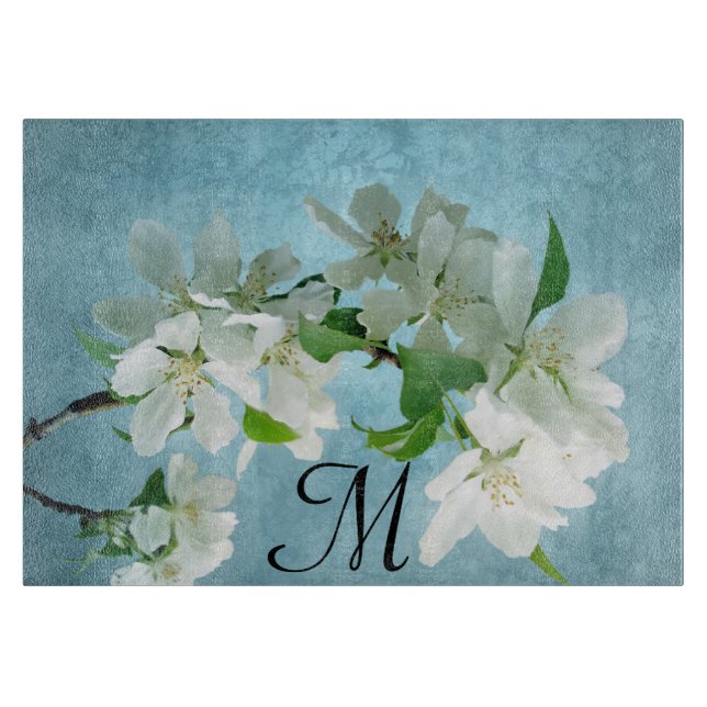 White Flower on Blue Monogram Glass Cutting Board (Front)