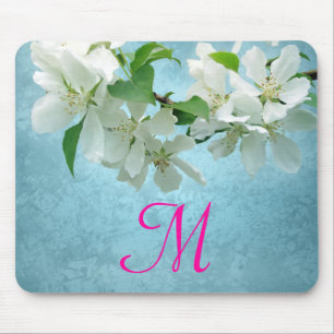 White Flower on Blue Monogram Initial Mouse Pad
