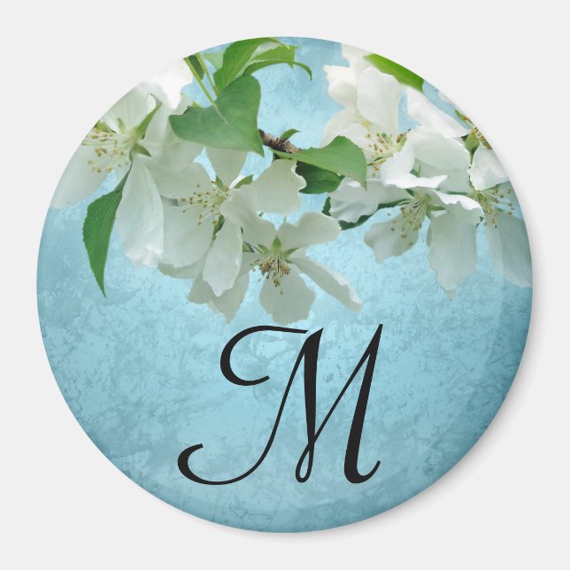 White Flower on Blue Sky Monogram Initial Magnet (Front)