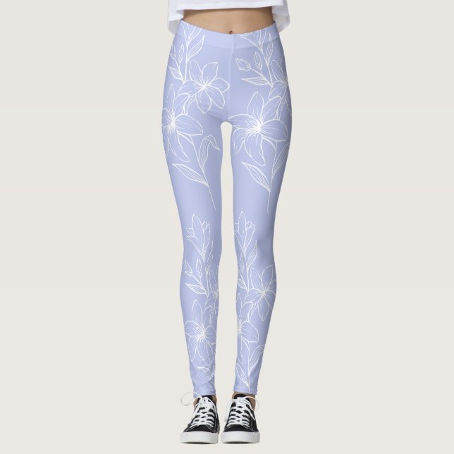 White Flower on Light Blue Background leggings (Front)