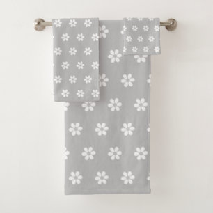 White Flower Pattern on Light Silver Grey Bath Towel Set